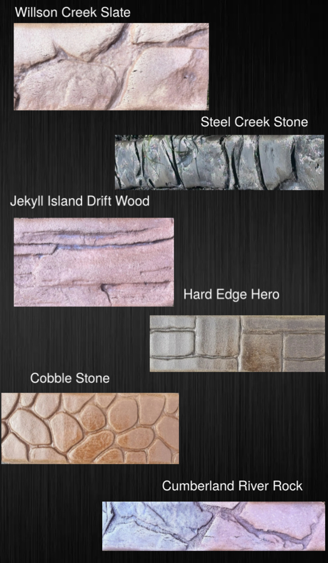 A collection of decorative concrete stamp patterns including Willson Creek Slate, Steel Creek Stone, Jekyll Island Drift Wood, Hard Edge Hero, Cobble Stone, and Cumberland River Rock.
